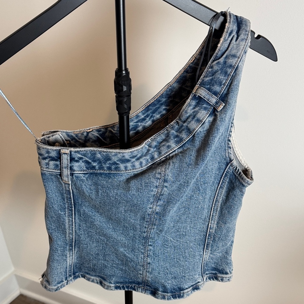 Zara Blue Denim One-Shoulder Crop Top - Picture 6 of 6